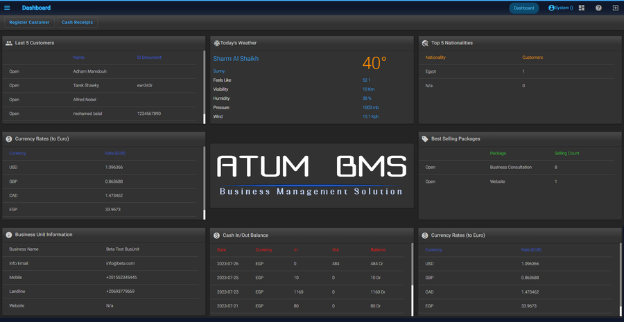 Atum BMS business management software dashboard.