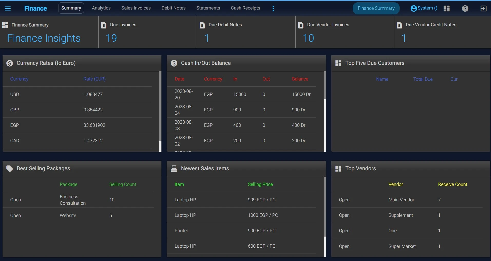 Atum finance module dashboard window